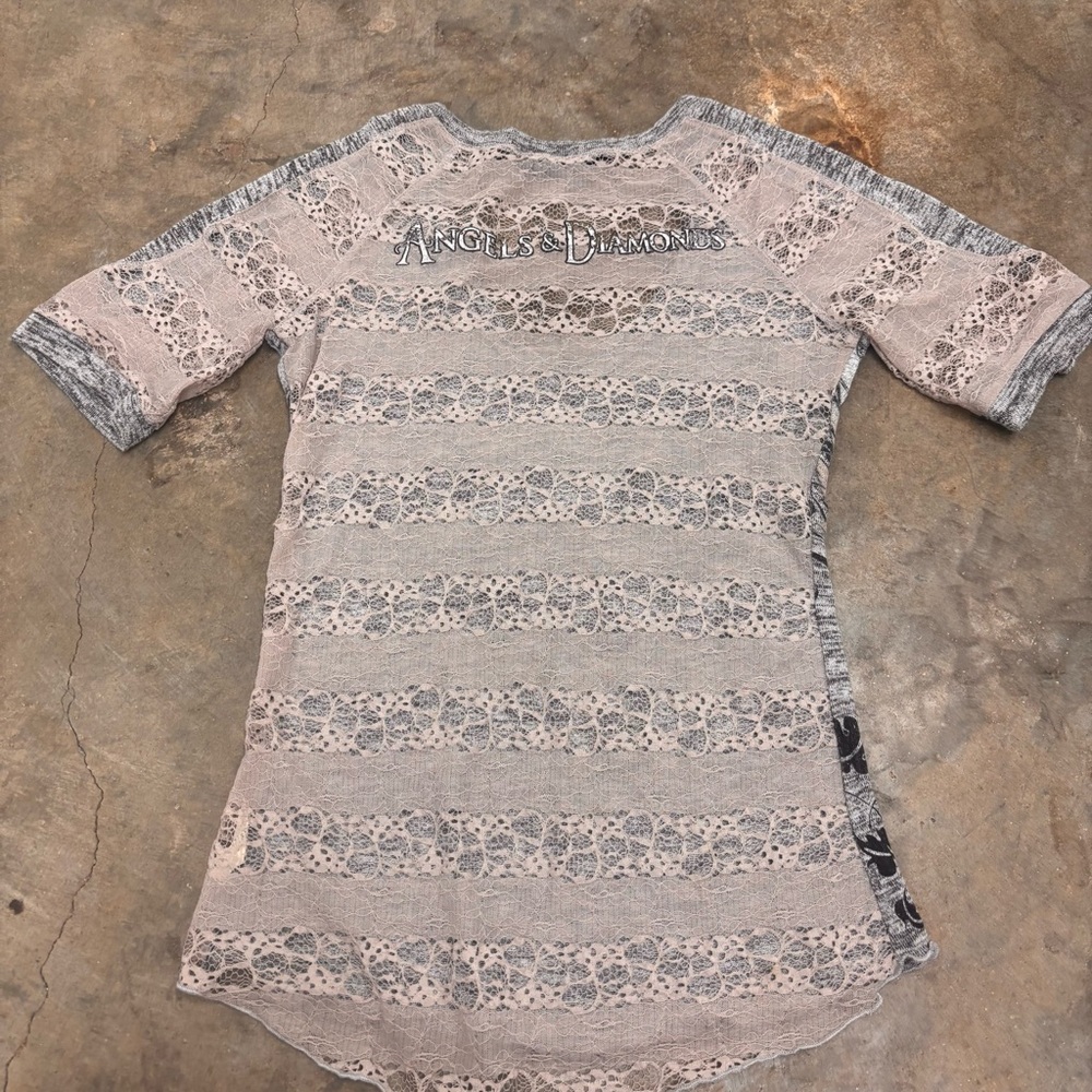 Angels & Diamonds Y2K Winged Cross Rhinestone Top Lace Sleeve Burnout Womens Med - Picture 7 of 9